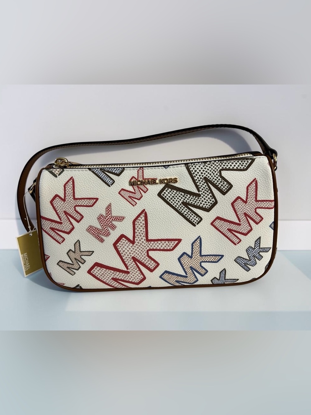 Michael Kors White Multicolor MK Logo Shoulder Bag with Brown Trim - Picture 6 of 16